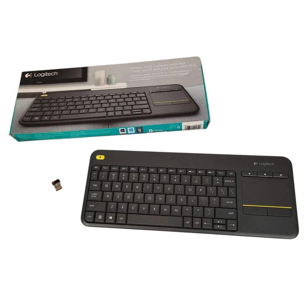 Logitech K400 Plus Wireless Keyboard Touchpad USB Receiver Tested Black w/ Box
